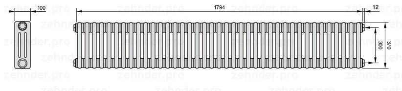 Схема (чертеж) Радиатор Zehnder Charleston 3037/39 №7610 Белый глянцевый RAL 9016